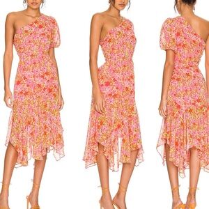 ASTR the Label | Santorini Dress Pink Multi Floral One Shoulder Midi Dress Large